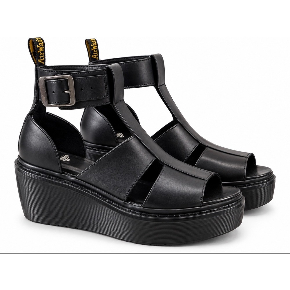RARE Dr. Martens Bessie Black Leather Platform Wedge Sandals Goth Grunge US 7